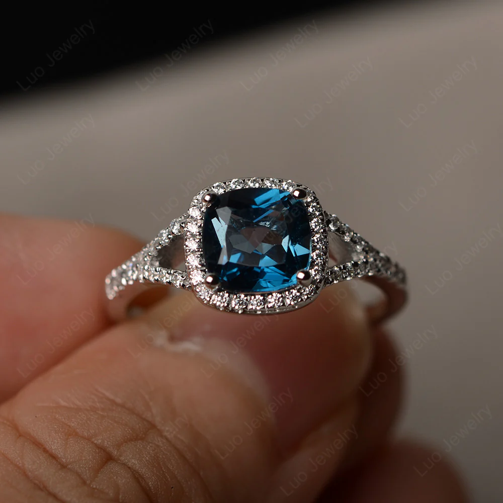 Cushion London Blue Topaz Halo Split Shank Ring - Image 2
