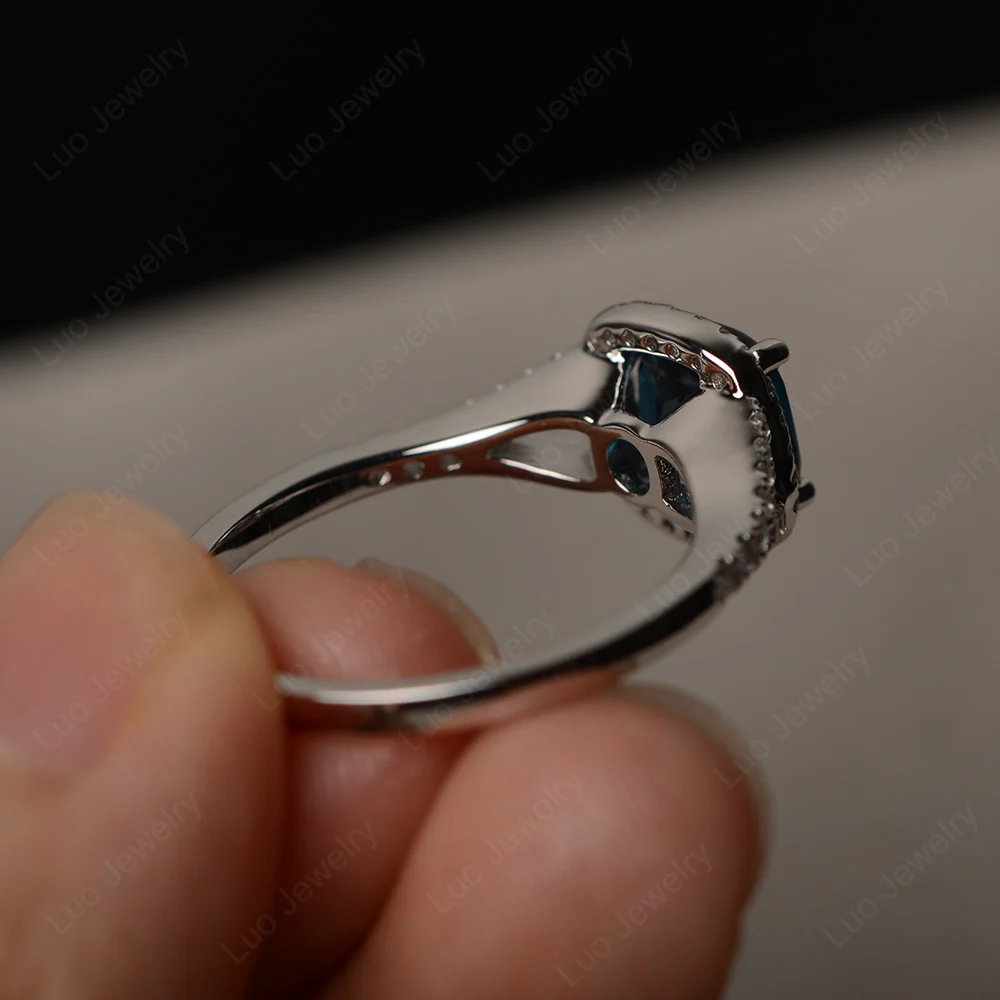 Cushion London Blue Topaz Halo Split Shank Ring - Image 3