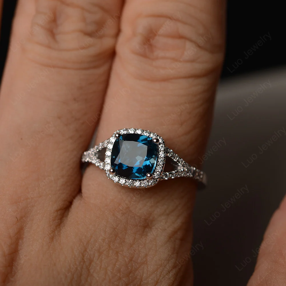 Cushion London Blue Topaz Halo Split Shank Ring - Image 4