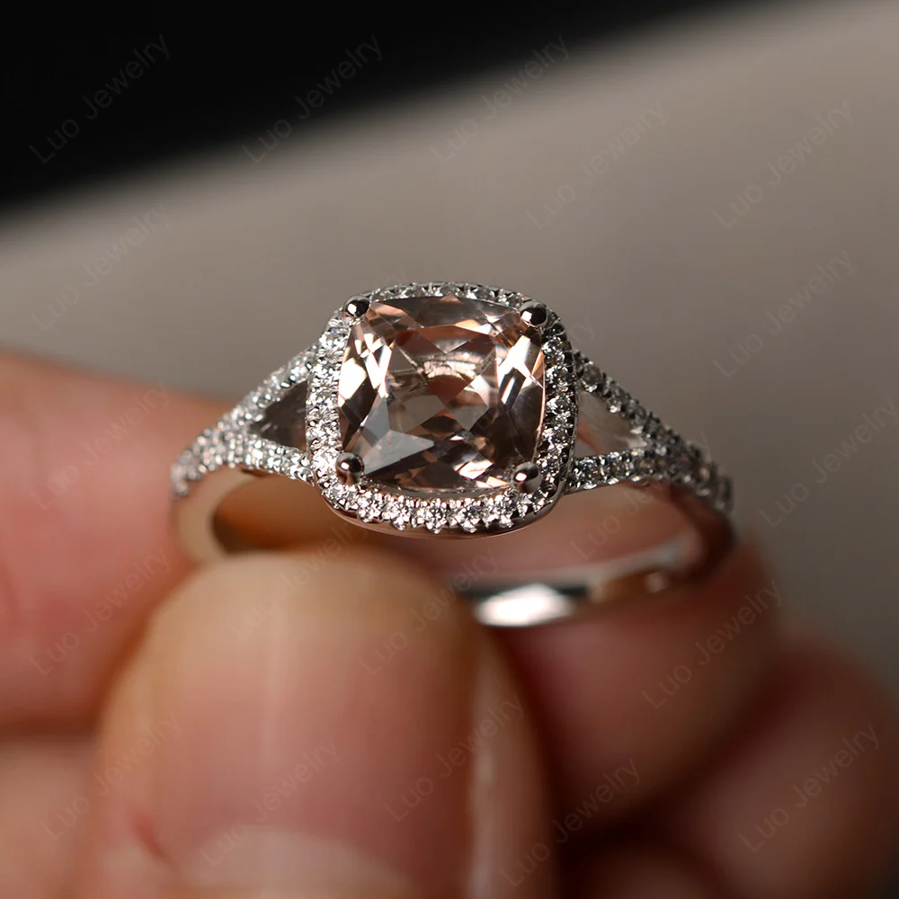 Cushion Morganite Halo Split Shank Ring - Image 2