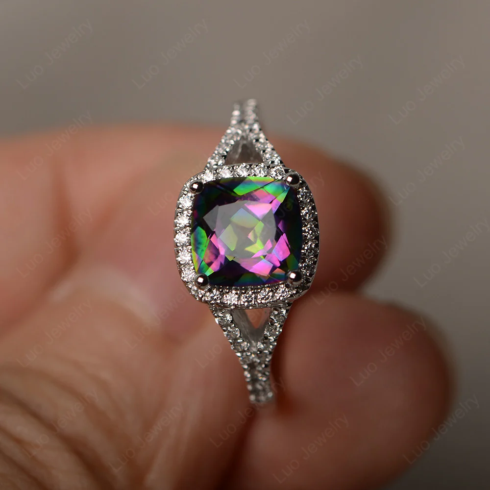 Cushion Mystic Topaz Halo Split Shank Ring - Image 2