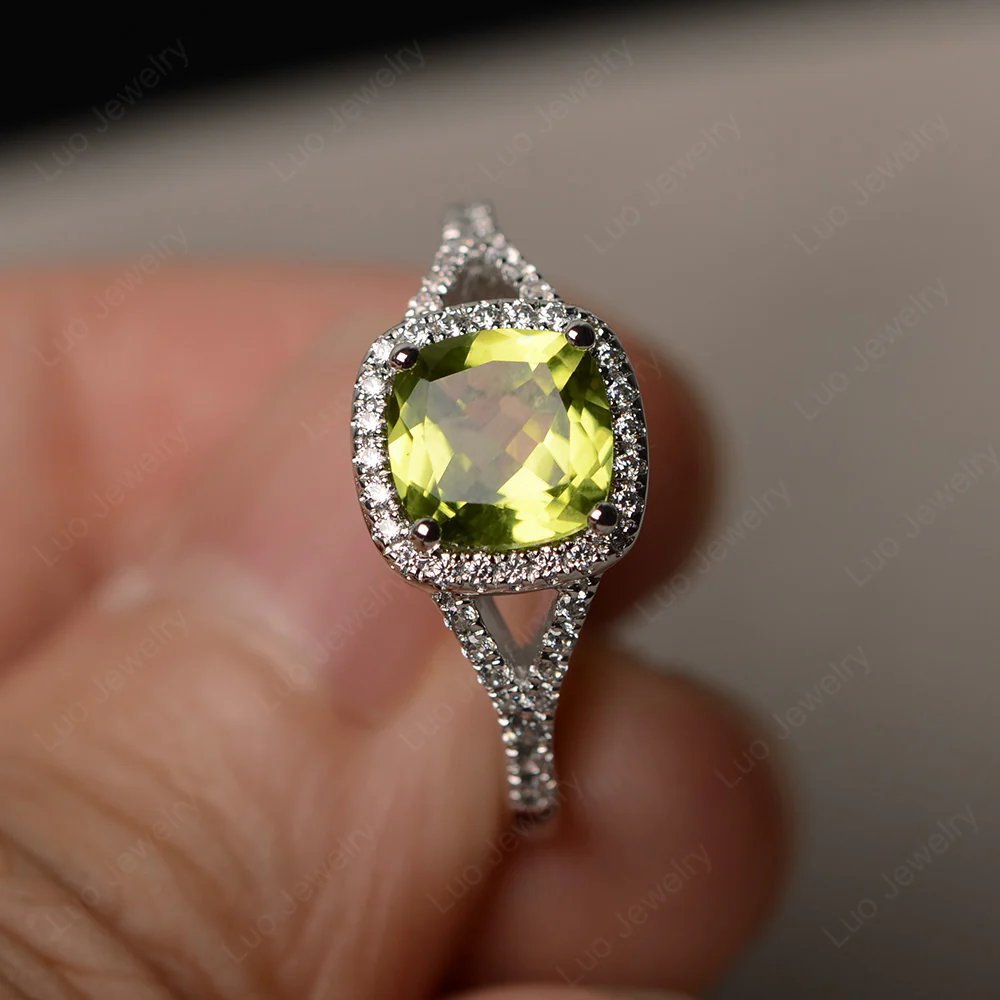 Cushion Peridot Halo Split Shank Ring