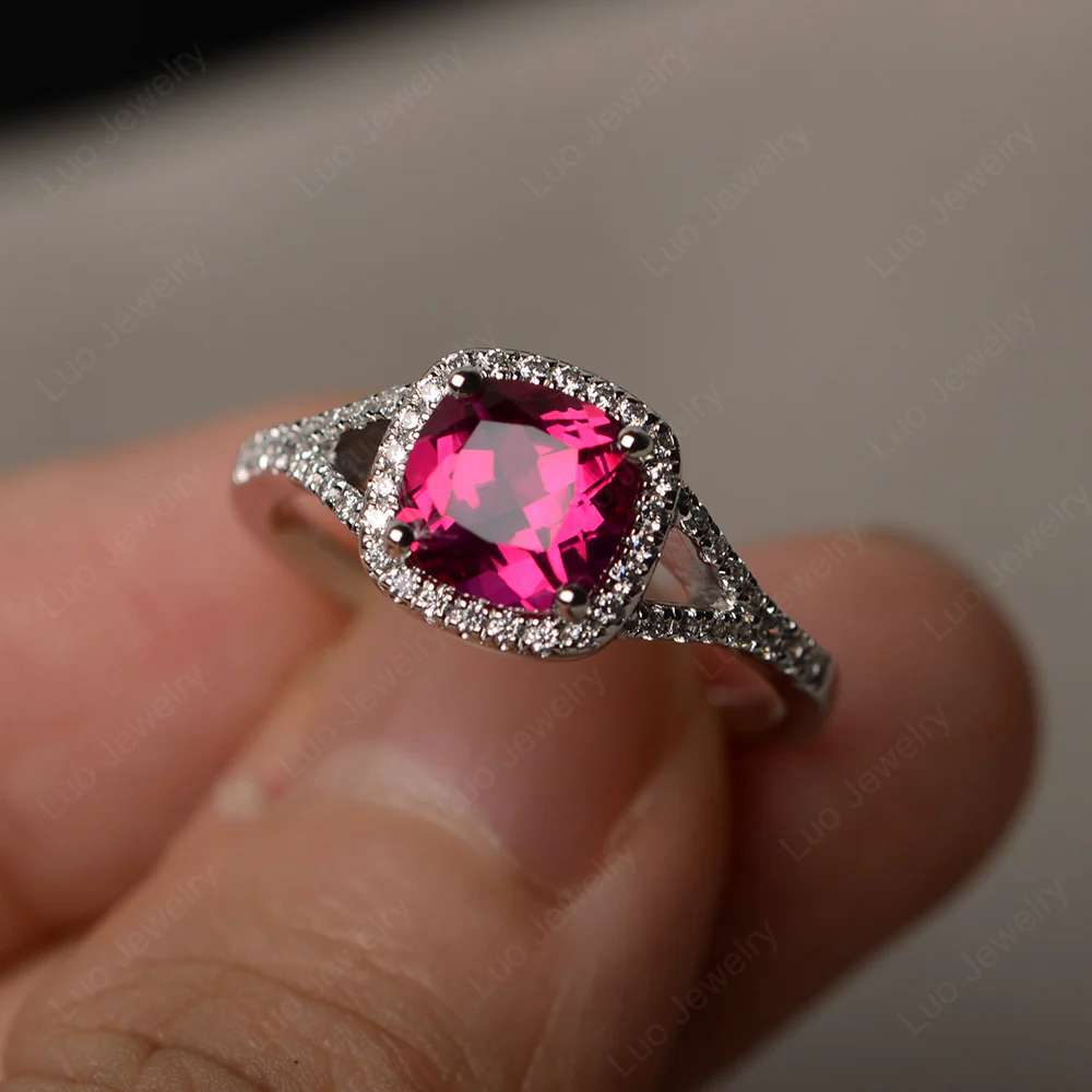 Cushion Ruby Halo Split Shank Ring