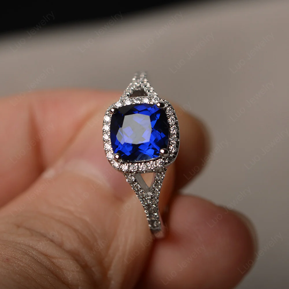 Cushion Sapphire Halo Split Shank Ring