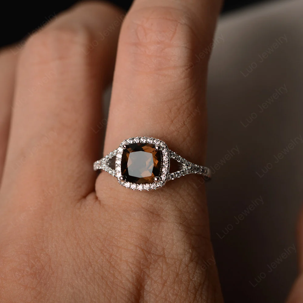Cushion Smoky Quartz Halo Split Shank Ring - Image 4