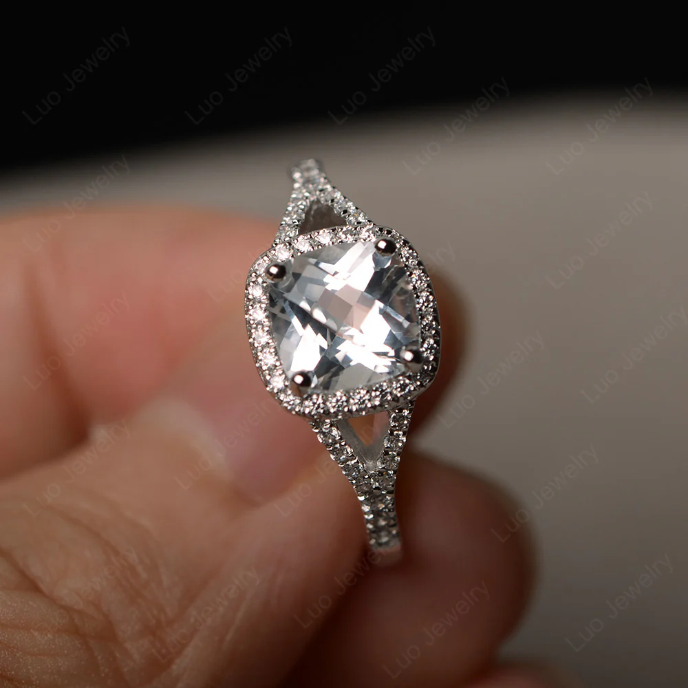 Cushion White Topaz Halo Split Shank Ring - Image 2