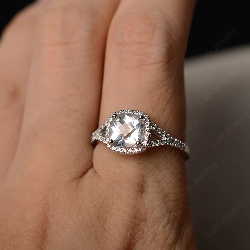 Cushion White Topaz Halo Split Shank Ring - Image 4