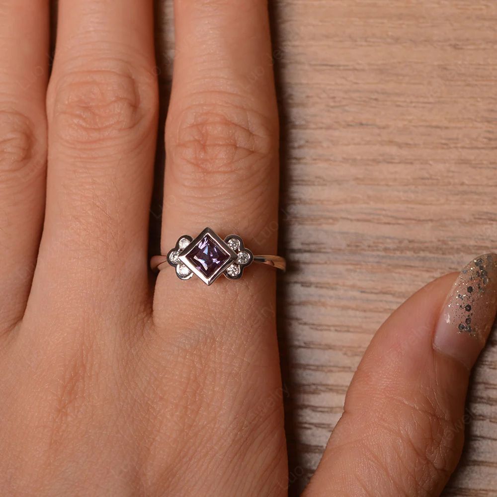 Dainty Alexandrite Ring Princess Cut Bezel Set - Image 4