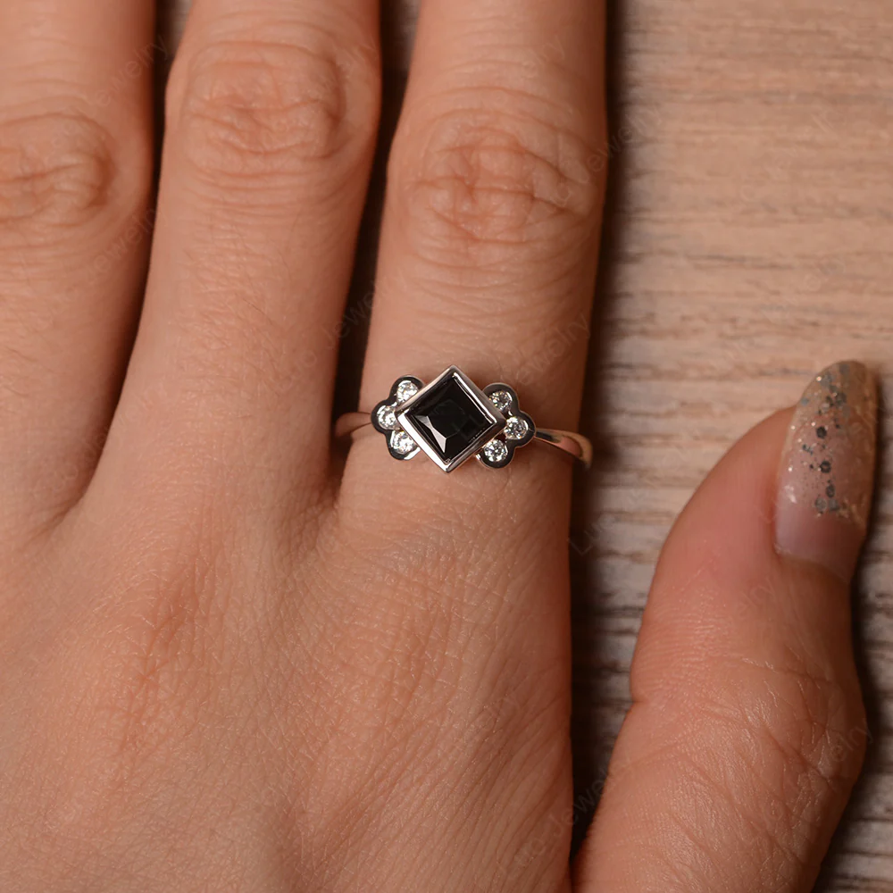 Dainty Black Spinel Ring Princess Cut Bezel Set - Image 4