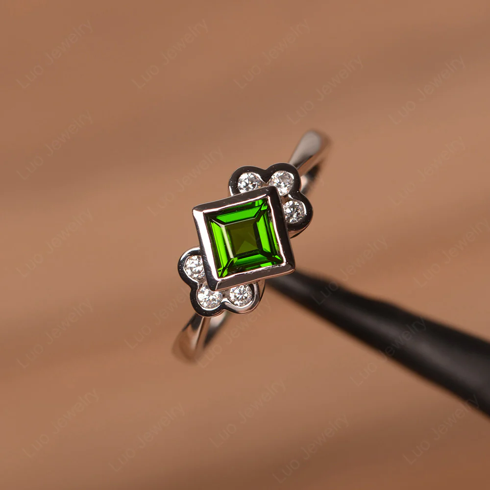 Dainty Diopside Ring Square Cut Bezel Set