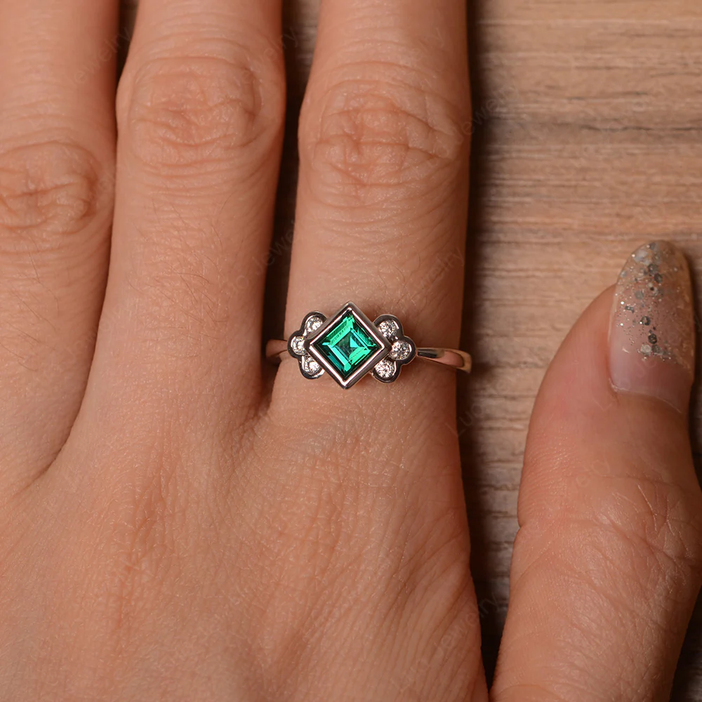 Dainty Emerald Ring Square Cut Bezel Set - Image 4