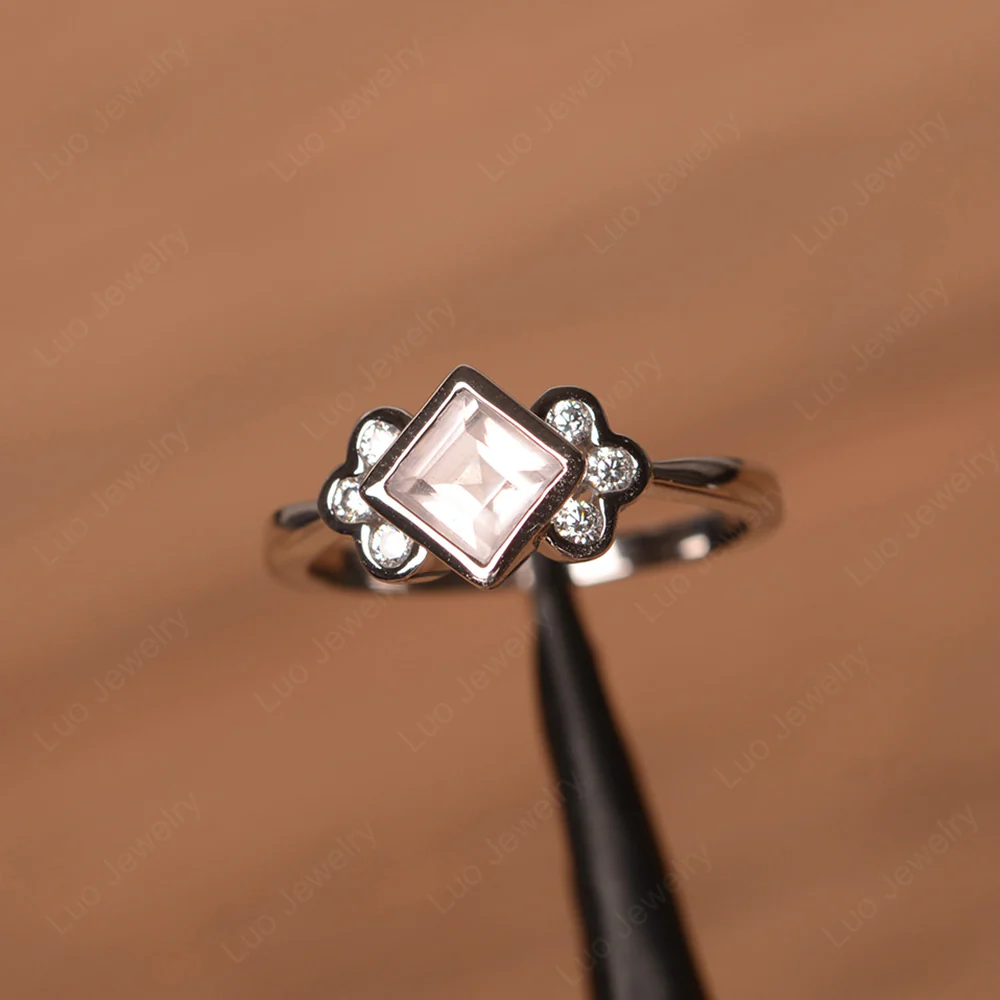 Dainty Rose Quartz Ring Square Cut Bezel Set