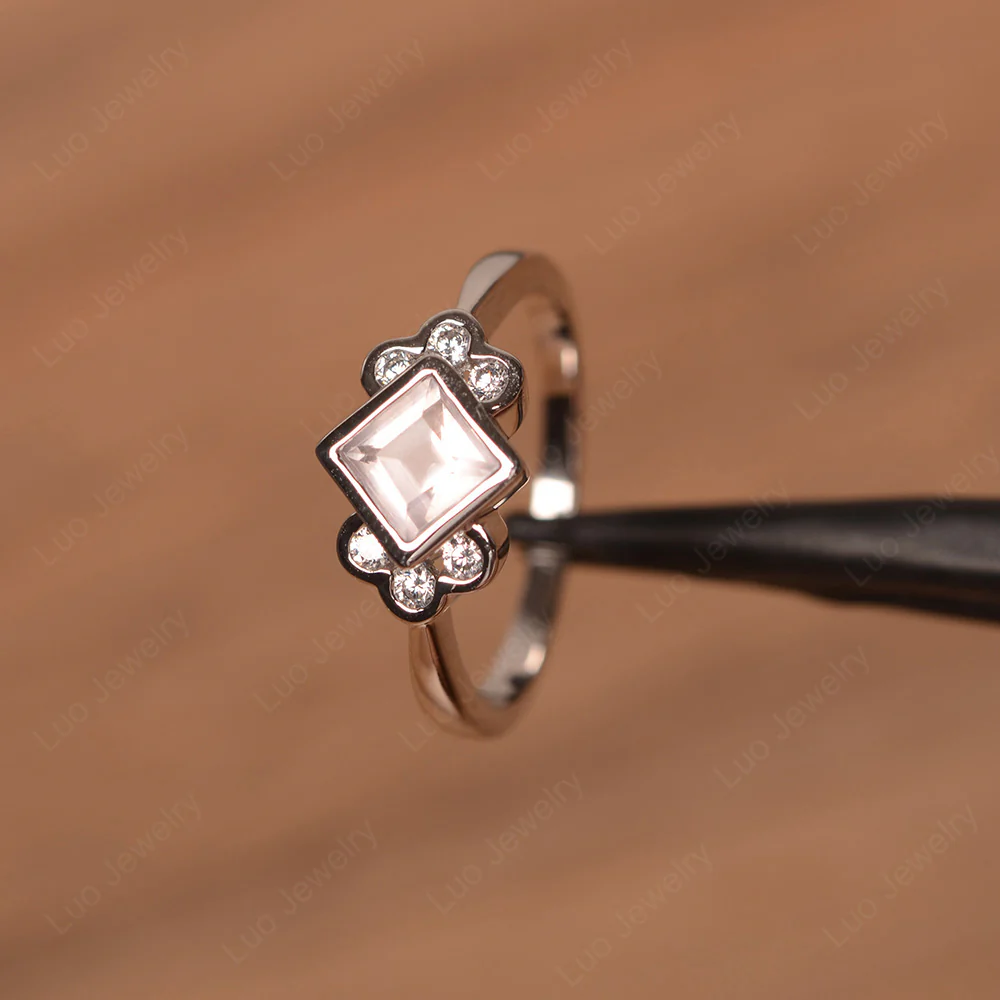 Dainty Rose Quartz Ring Square Cut Bezel Set - Image 2