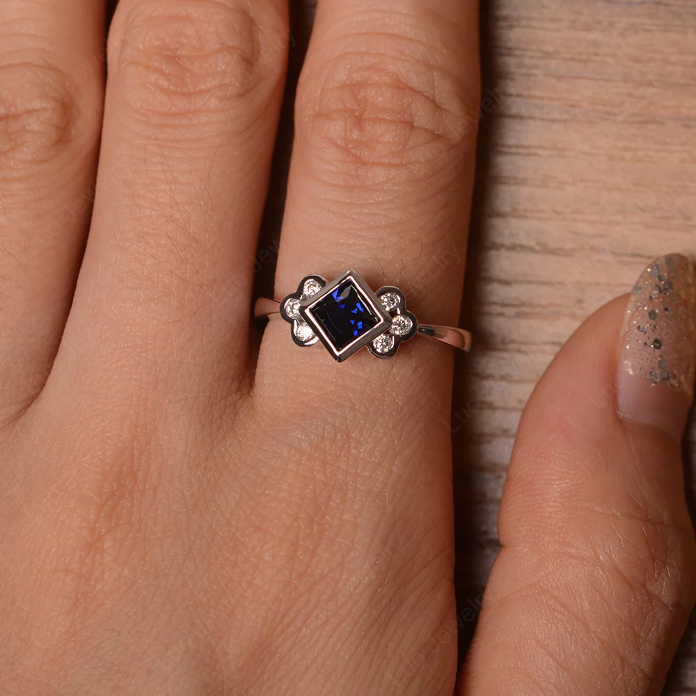 Dainty Sapphire Ring Princess Cut Bezel Set - Image 4
