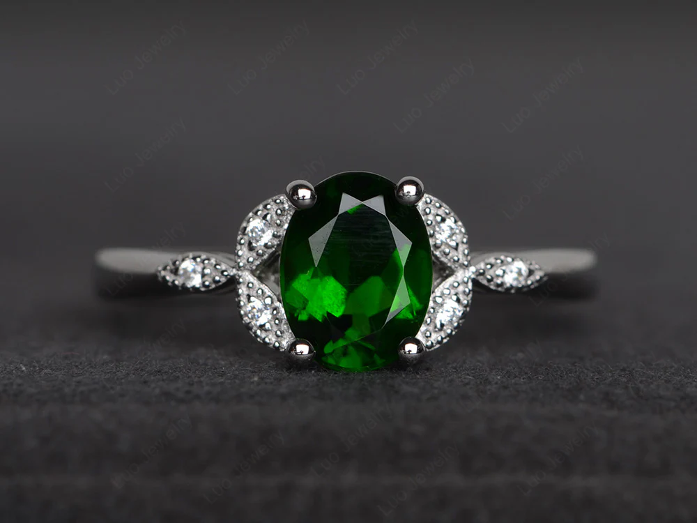 Oval Diopside Leaf Engagement Ring