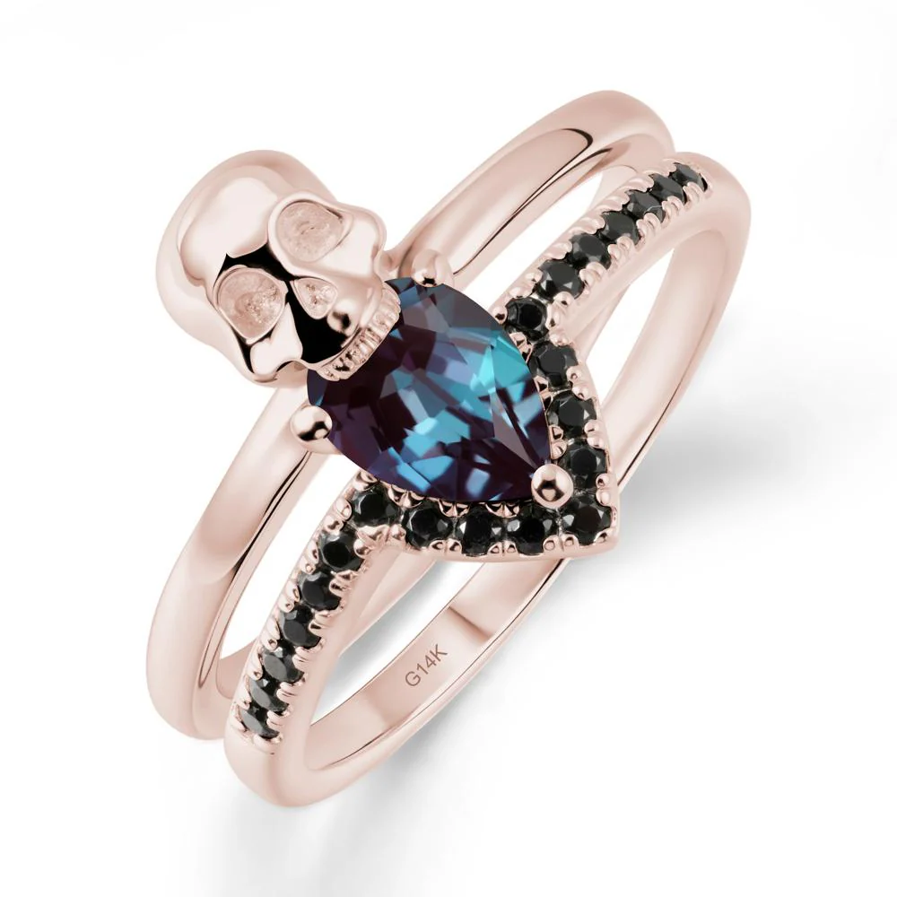 Double Band Skull Alexandrite and Black Spinel Ring - Image 2