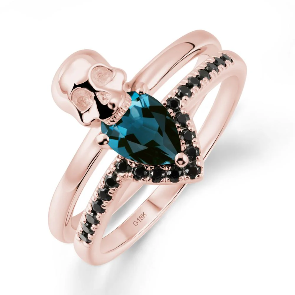 Double Band Skull London Blue Topaz and Black Spinel Ring - Image 6