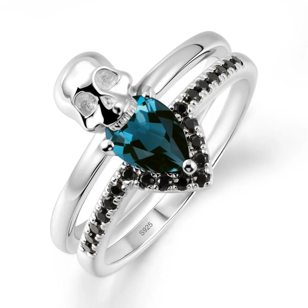 Double Band Skull London Blue Topaz and Black Spinel Ring - Image 9