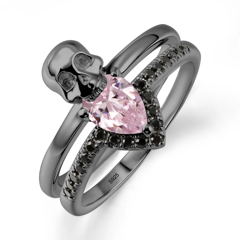 Double Band Skull Pink Cubic Zirconia and Black Spinel Ring