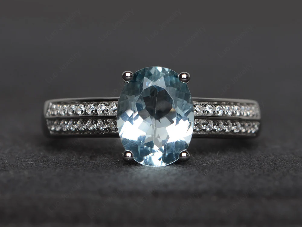 Double Pave Oval Cut Aquamarine Ring