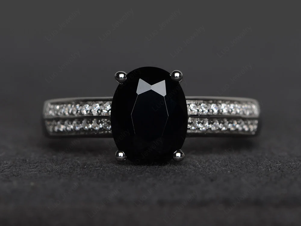 Double Pave Oval Cut Black Spinel Ring