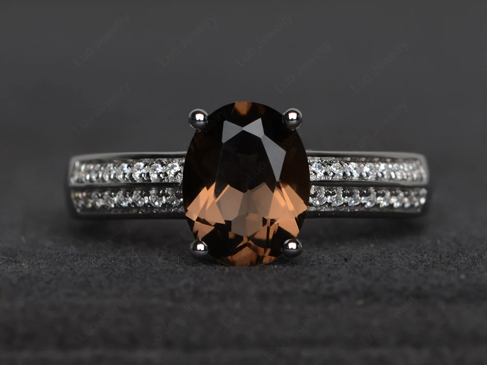Double Pave Oval Cut Smoky Quartz Ring