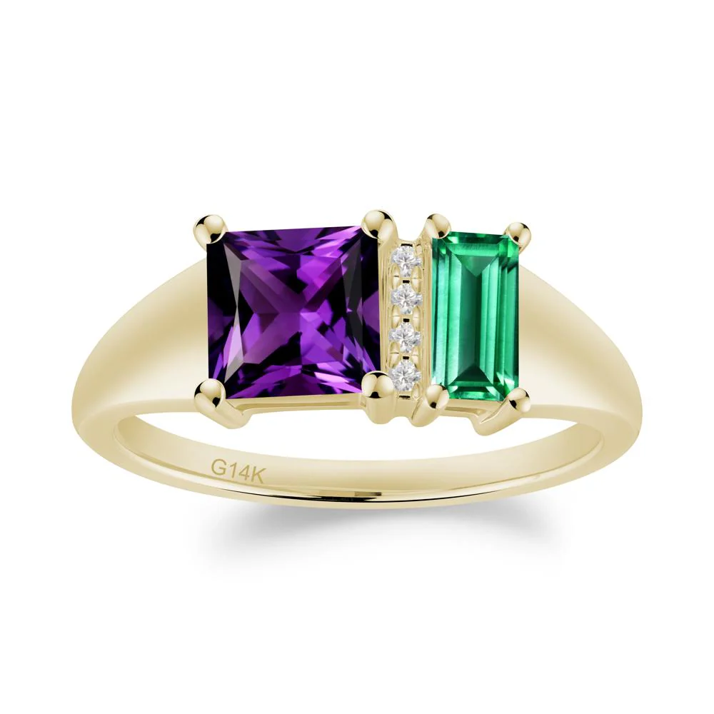 Dual Stone Amethyst and Emerald Baguette Square Ring - Image 2