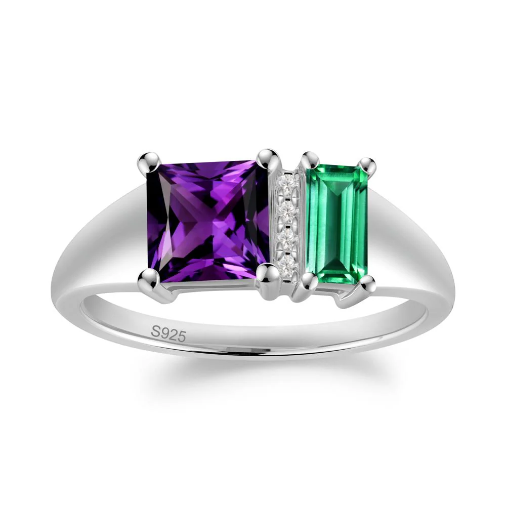 Dual Stone Amethyst and Emerald Baguette Square Ring - Image 3