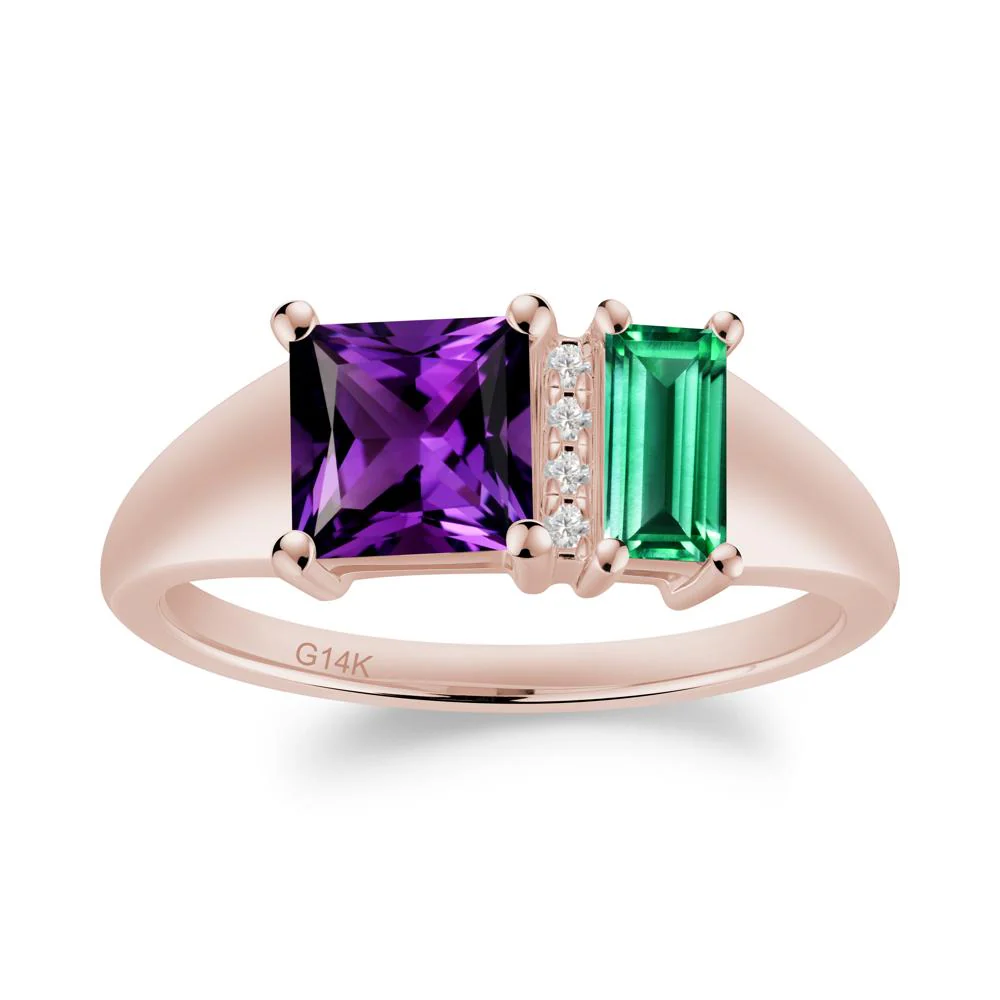 Dual Stone Amethyst and Emerald Baguette Square Ring - Image 4