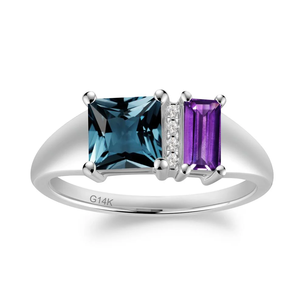 Dual Stone Amethyst and London Blue Topaz Baguette Square Ring - Image 2