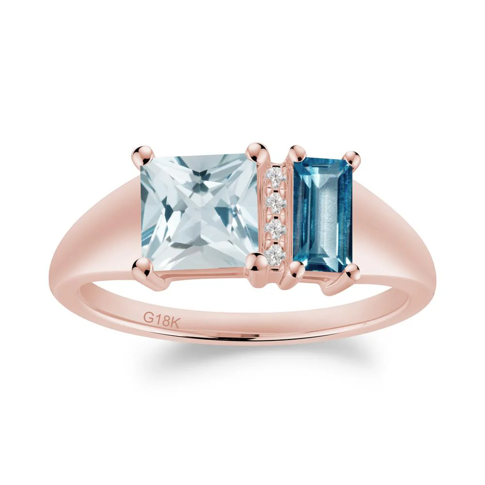 Dual Stone Aquamarine and London Blue Topaz Baguette Square Ring - Image 2