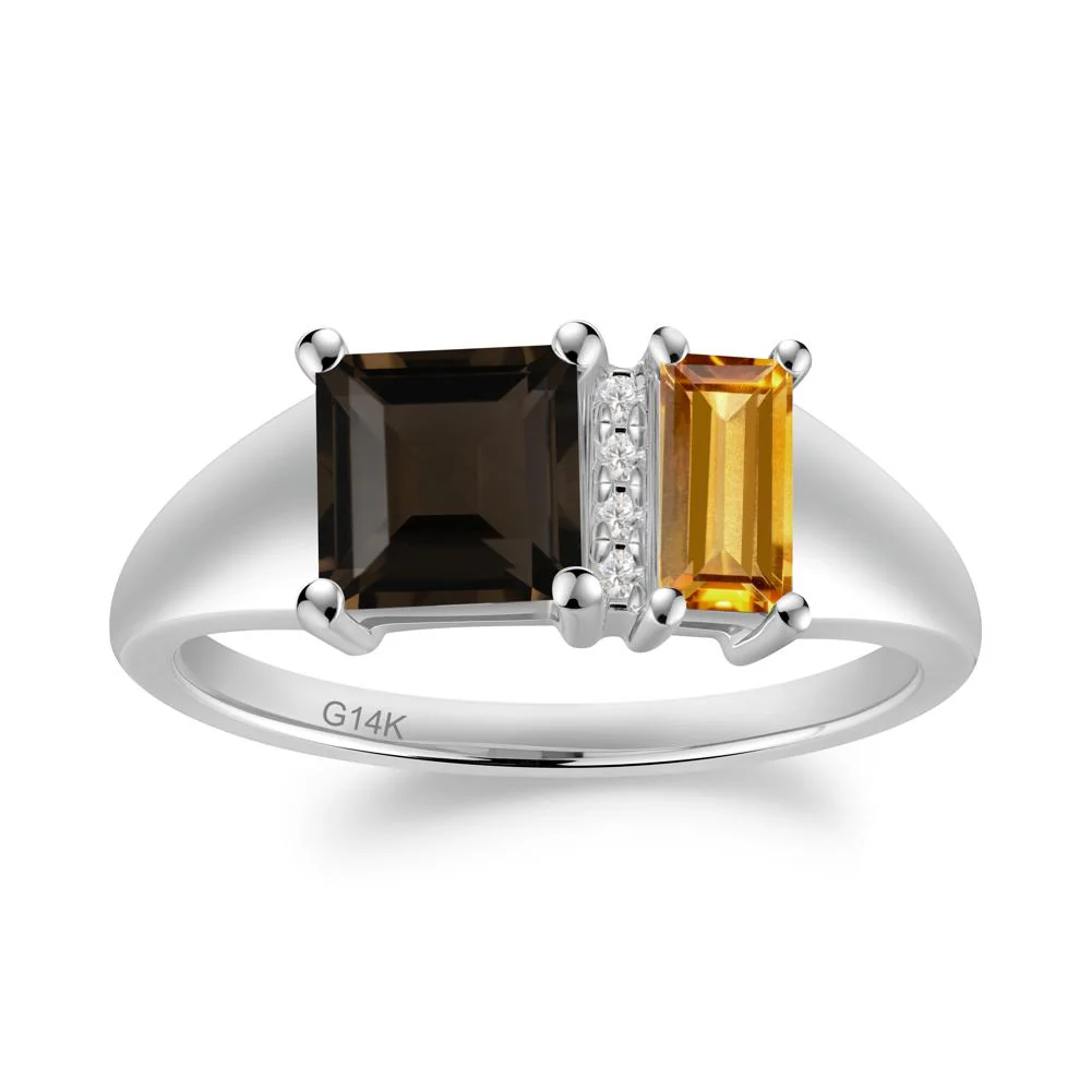Dual Stone Citrine and Smoky Quartz Baguette Square Ring