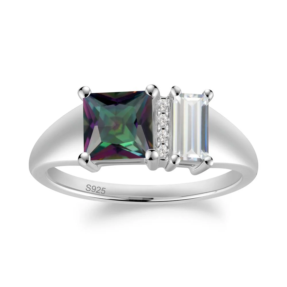 Dual Stone Cubic Zirconia and Mystic Topaz Baguette Square Ring - Image 3