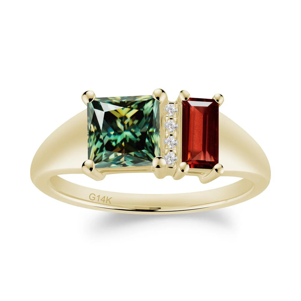 Dual Stone Garnet and Green Moissanite Baguette Square Ring