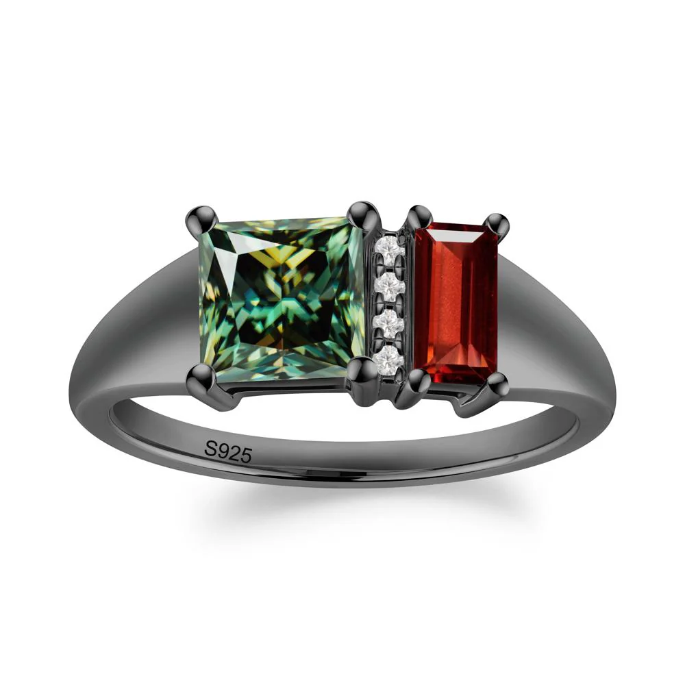 Dual Stone Garnet and Green Moissanite Baguette Square Ring - Image 6