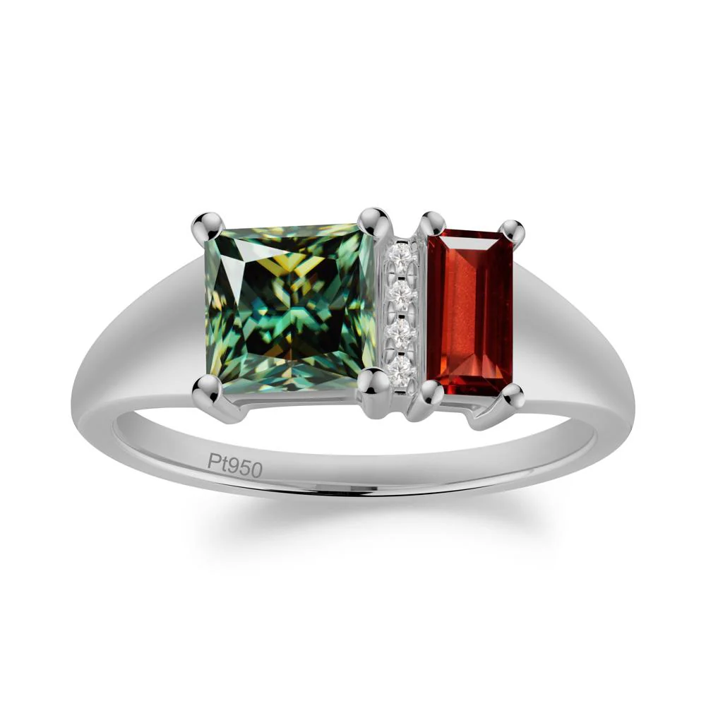 Dual Stone Garnet and Green Moissanite Baguette Square Ring - Image 8
