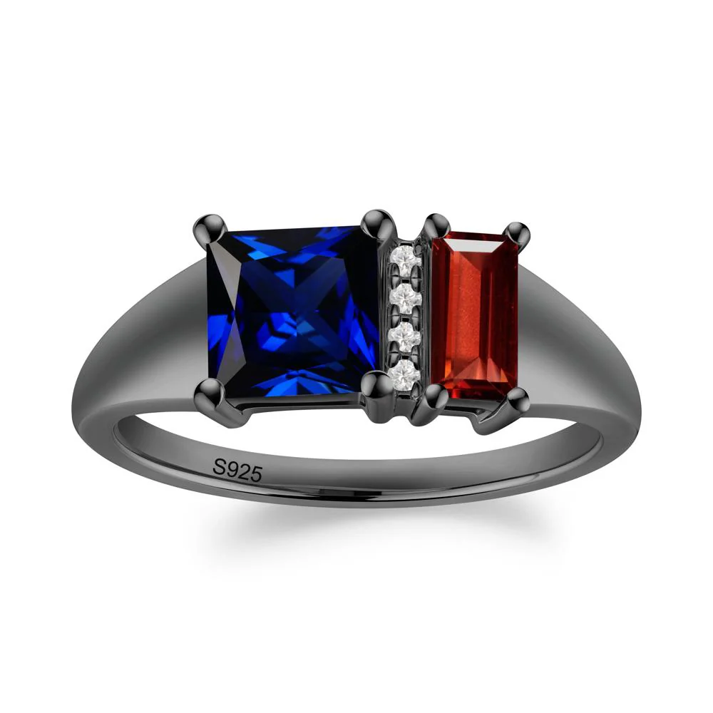 Dual Stone Garnet and Sapphire Baguette Square Ring - Image 2