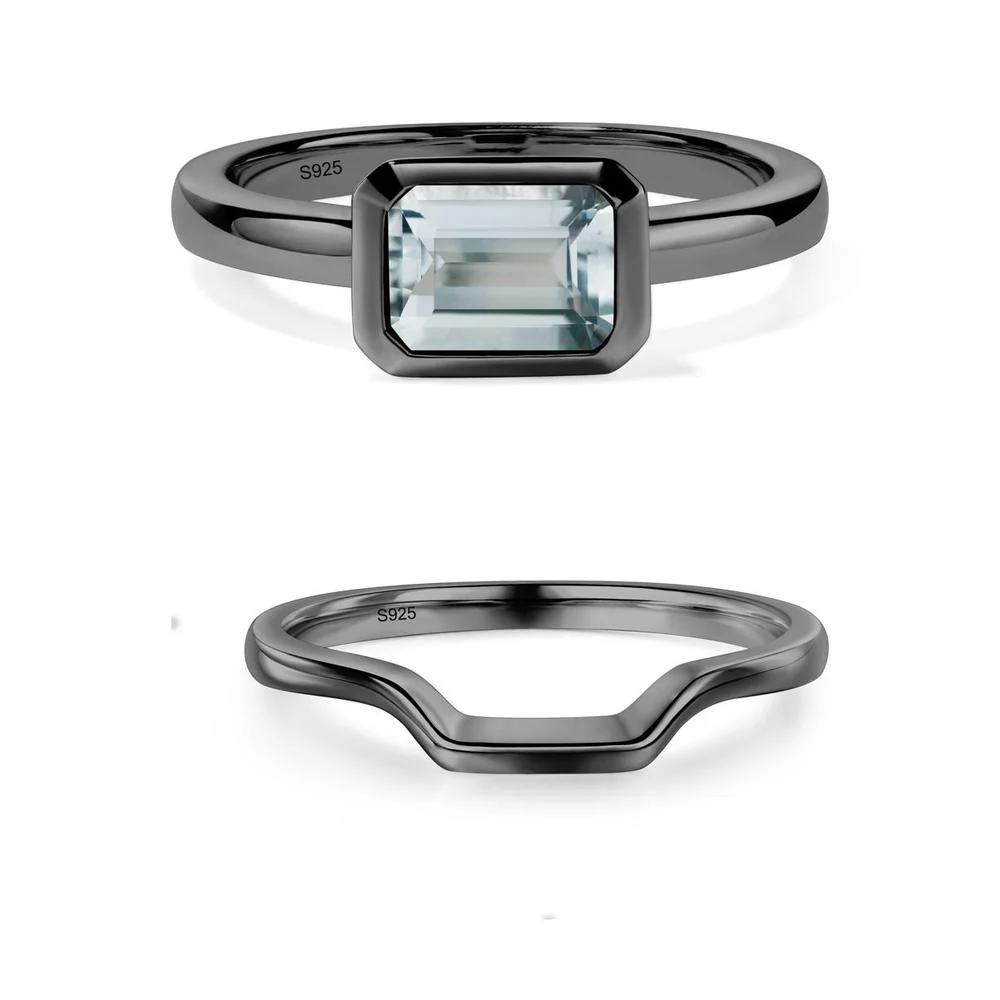 East West Emerald Cut Aquamarine Bezel Ring - Image 21
