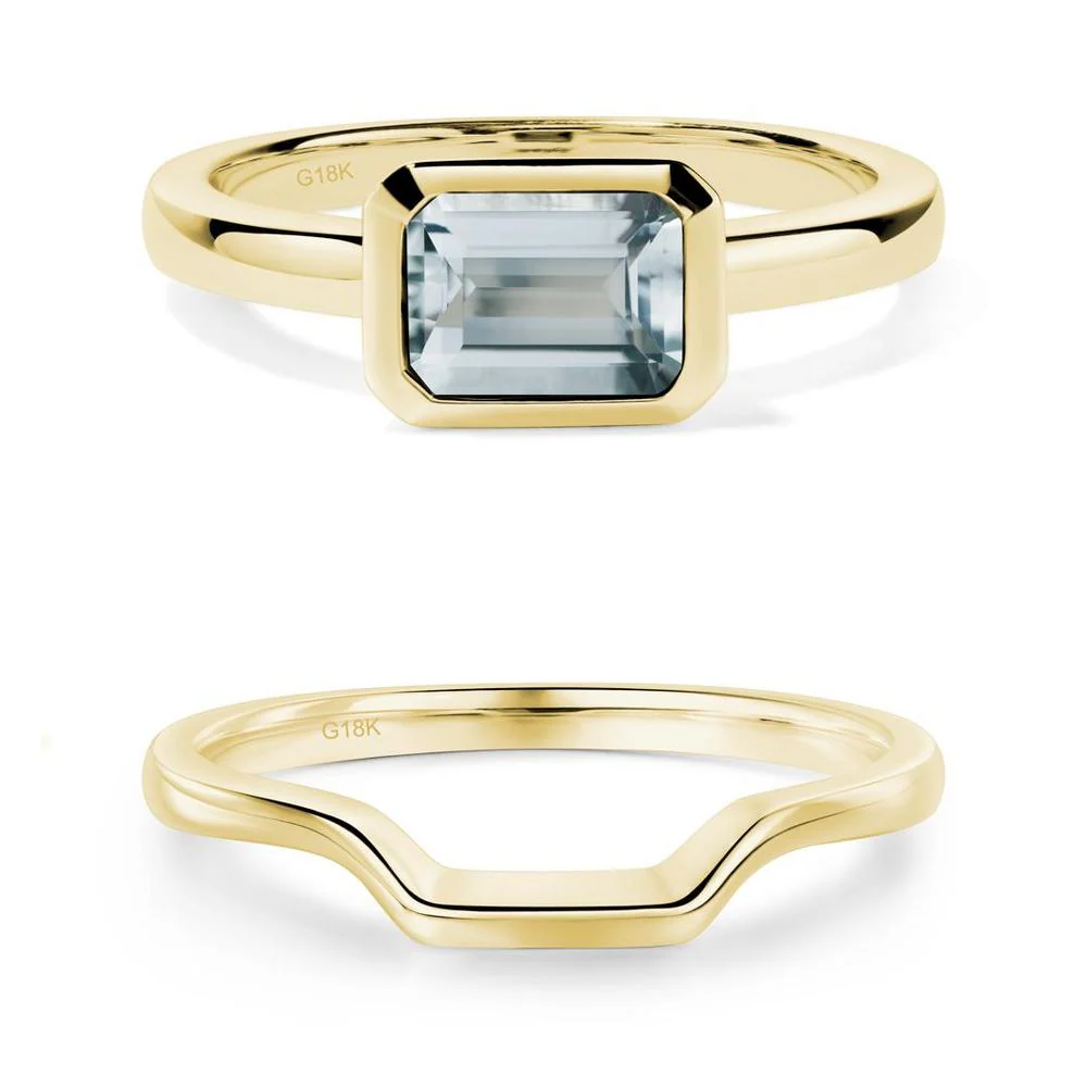 East West Emerald Cut Aquamarine Bezel Ring - Image 25