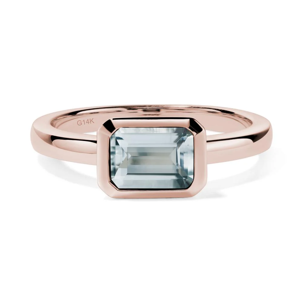 East West Emerald Cut Aquamarine Bezel Ring - Image 5