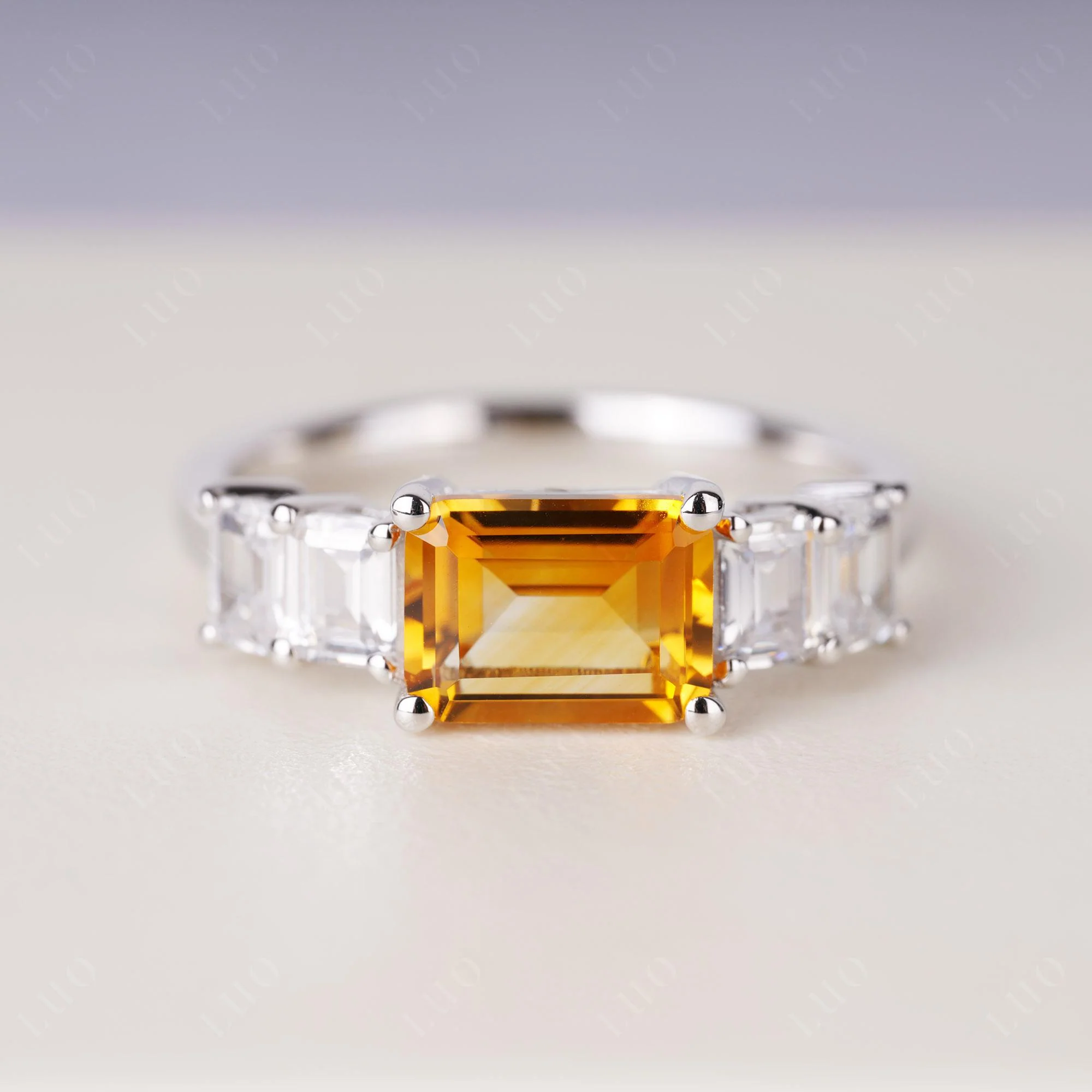 East West Emerald Cut Citrine Ring