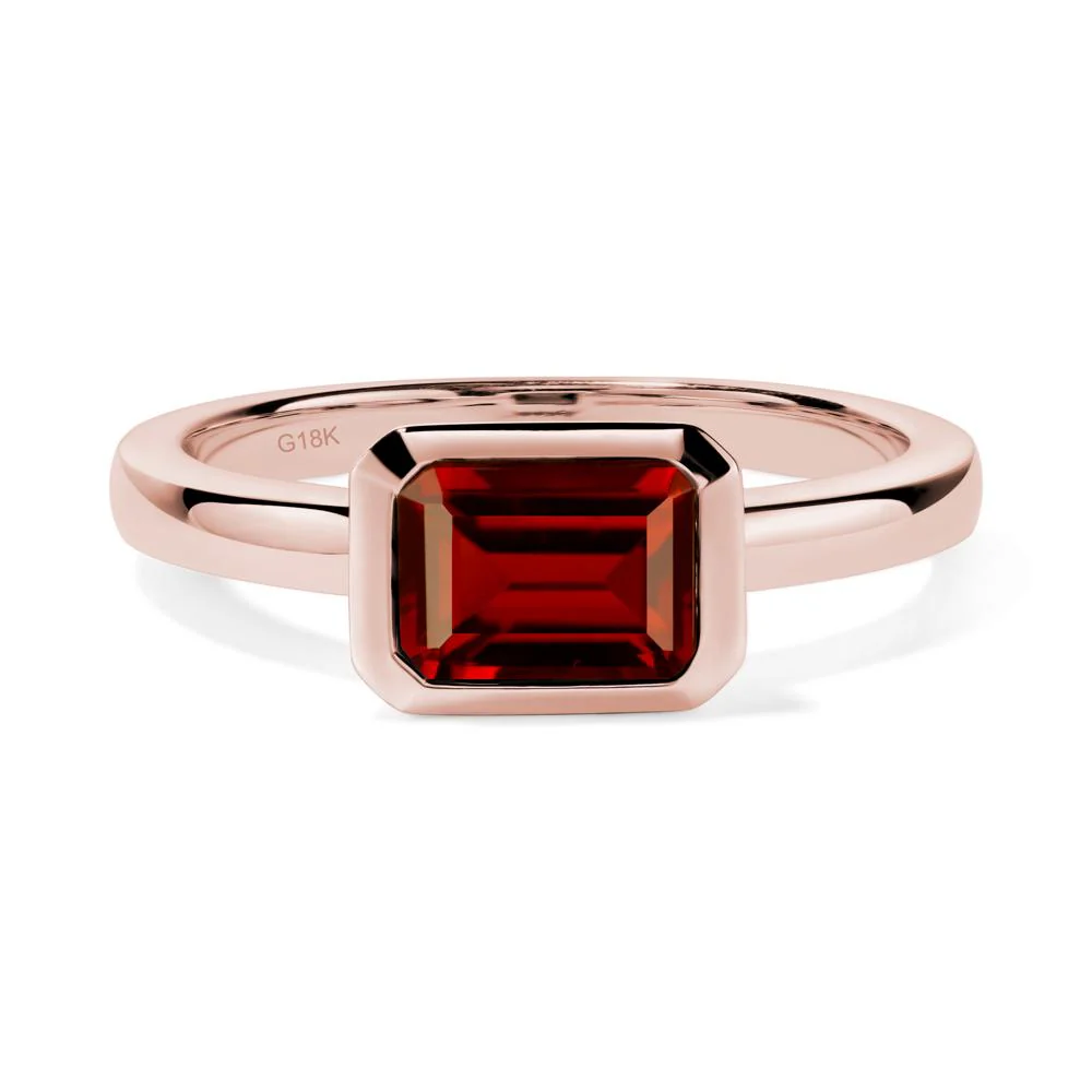 East West Emerald Cut Garnet Bezel Ring
