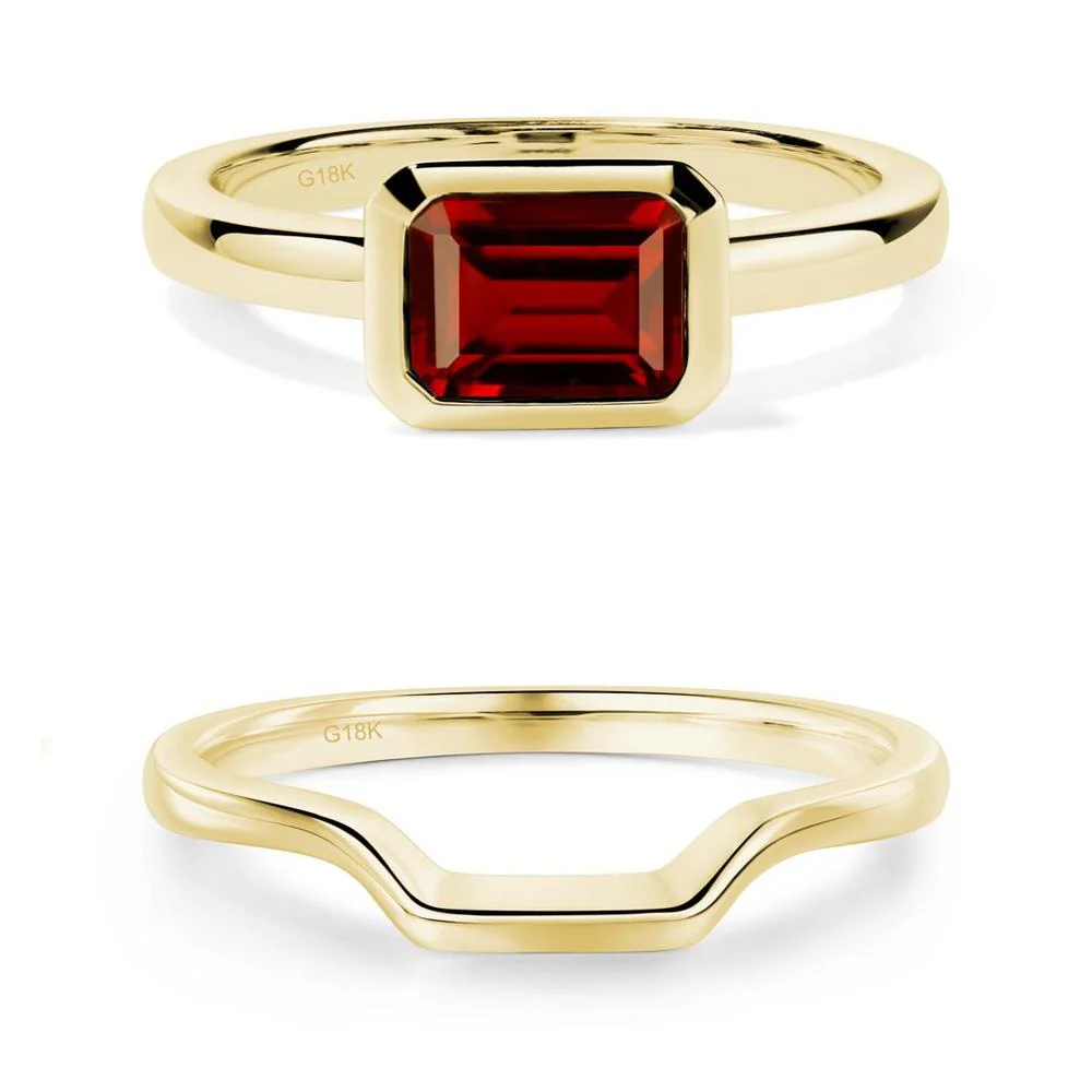 East West Emerald Cut Garnet Bezel Ring - Image 13