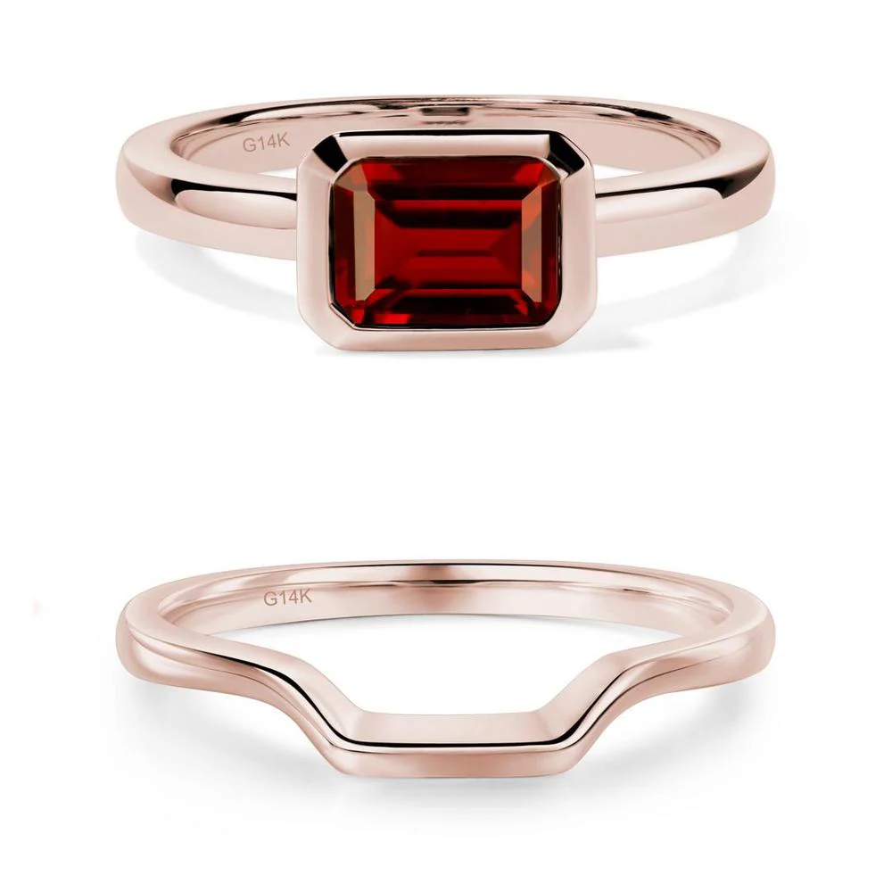 East West Emerald Cut Garnet Bezel Ring - Image 15