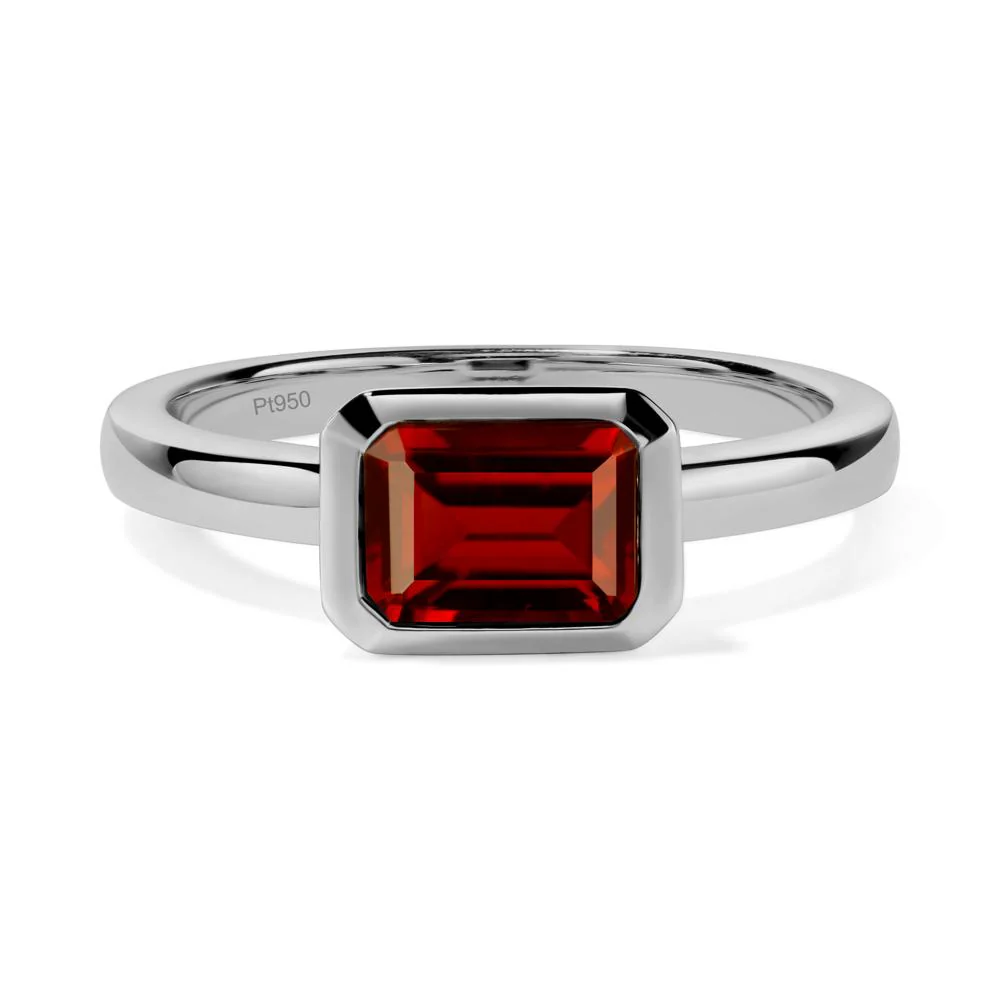 East West Emerald Cut Garnet Bezel Ring - Image 4