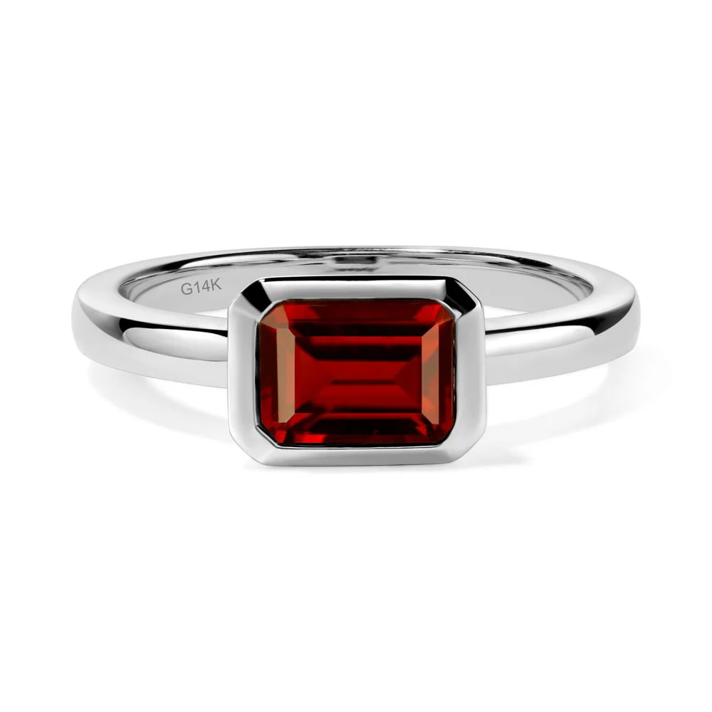 East West Emerald Cut Garnet Bezel Ring - Image 8