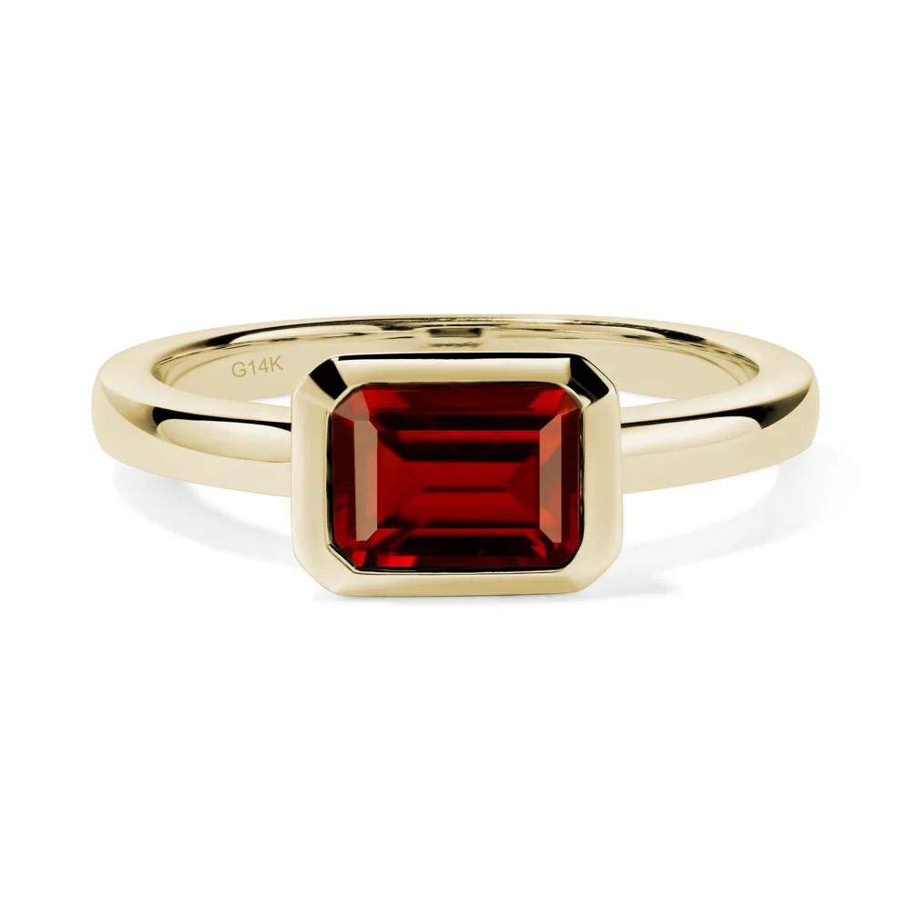 East West Emerald Cut Garnet Bezel Ring - Image 9