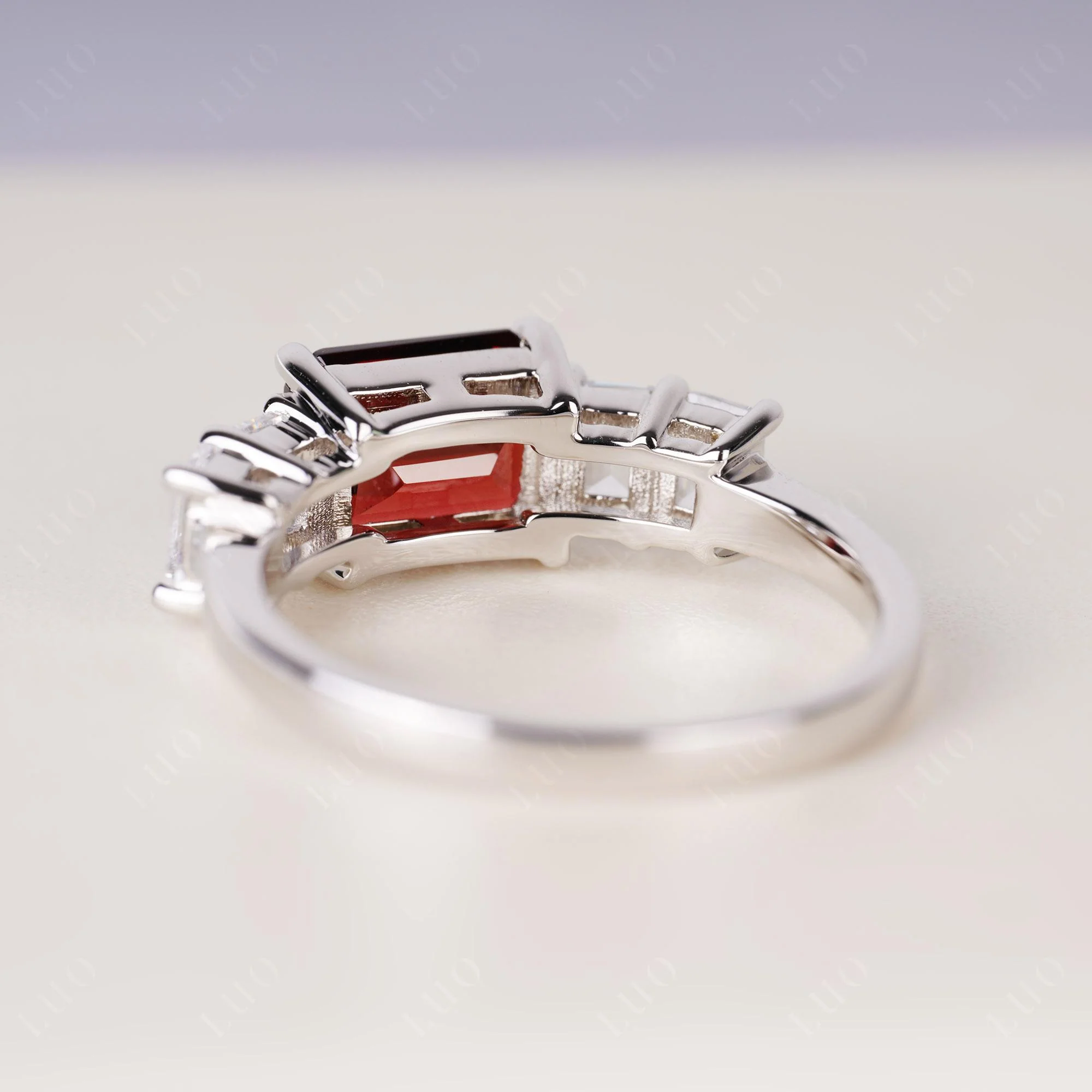 East West Emerald Cut Garnet Ring - Image 3