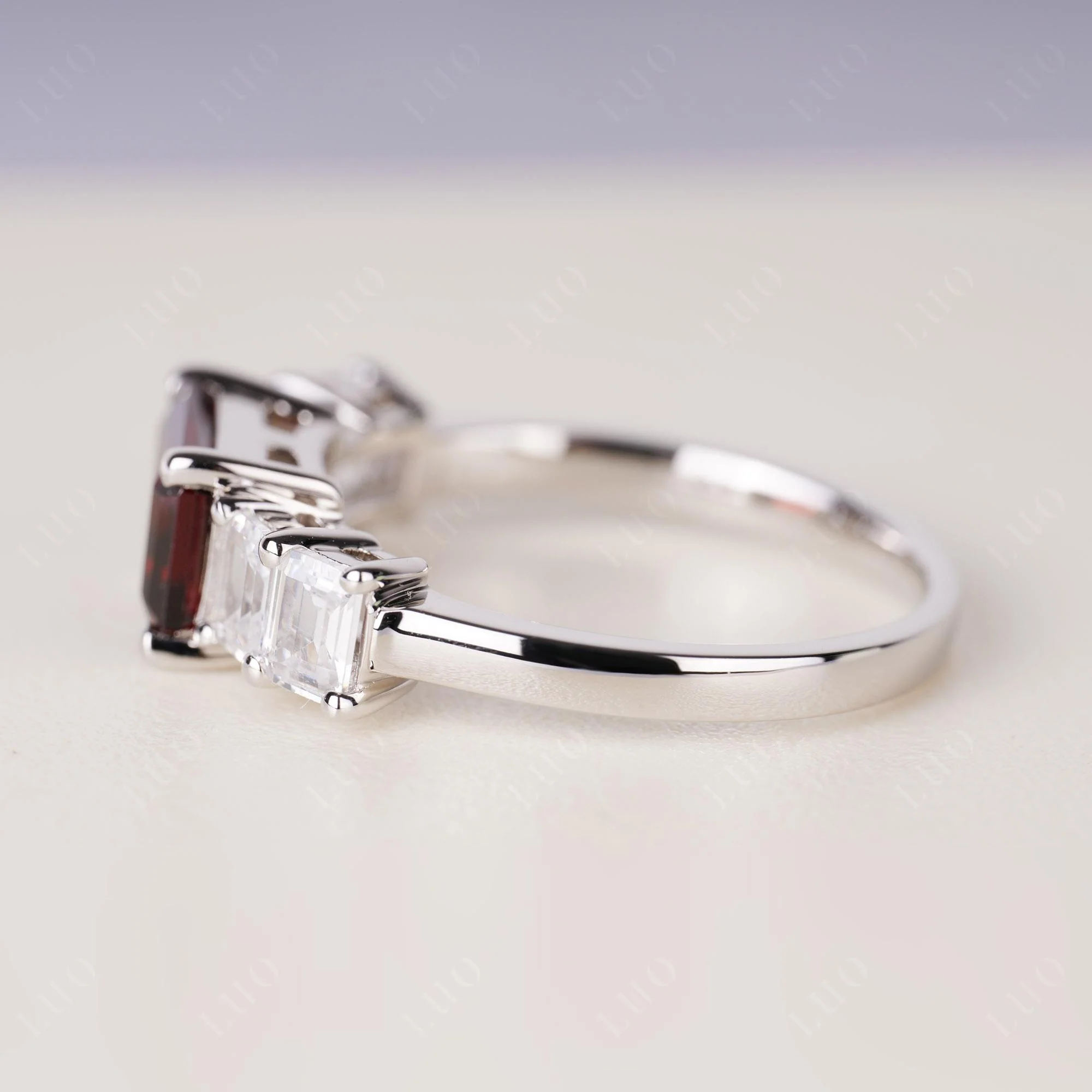 East West Emerald Cut Garnet Ring - Image 4