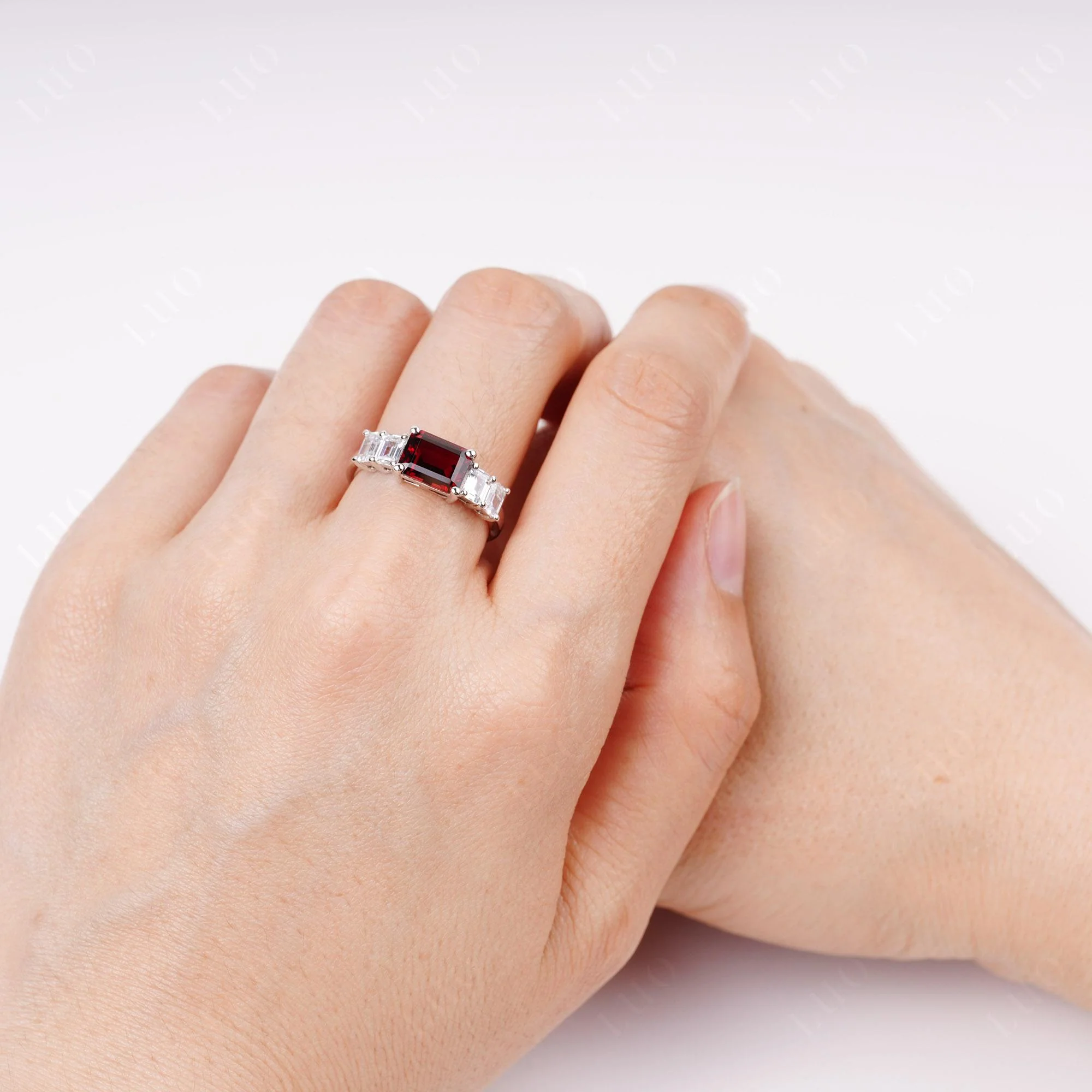 East West Emerald Cut Garnet Ring - Image 5